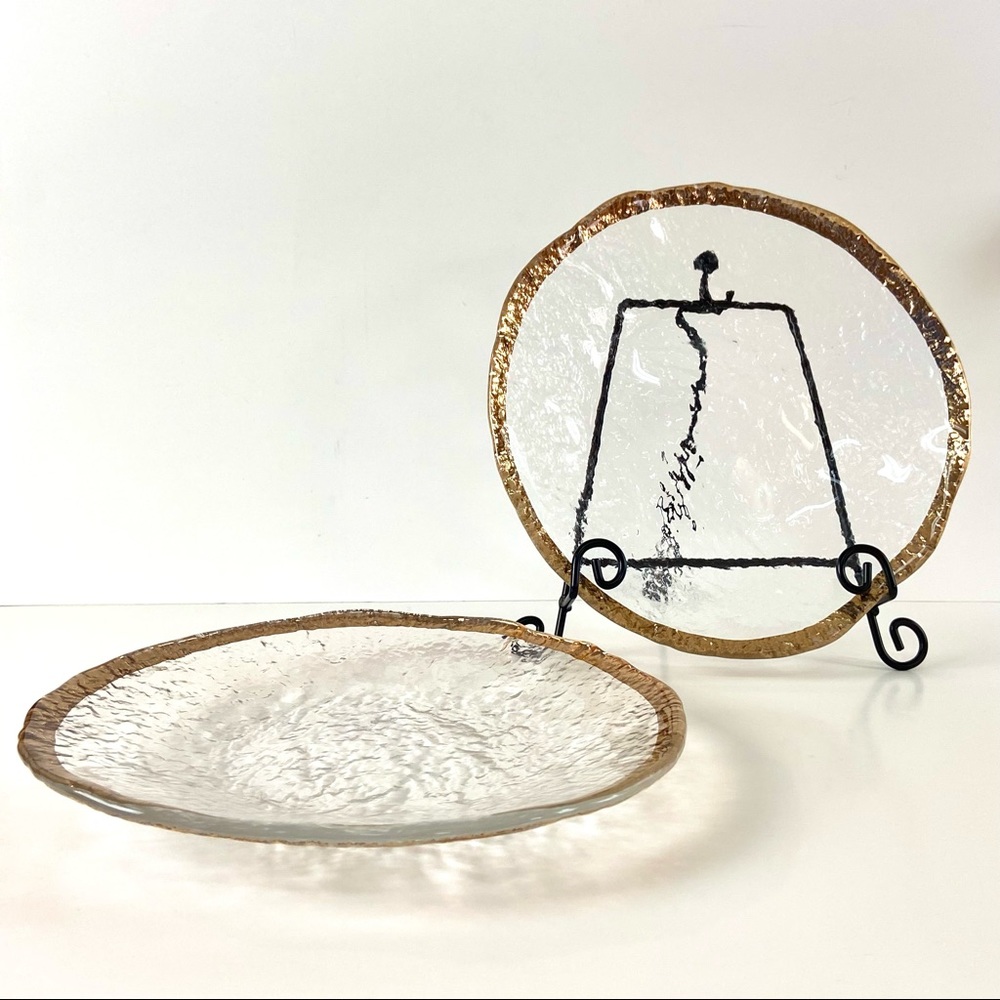 2-Vintage IVV “Glacier” Italian Textured Art Glass 10k Gold Trimmed Plates